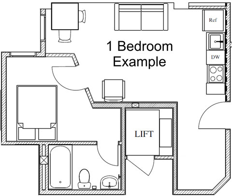 Floor plan for 1 bed, 1 bath, 388 sqft